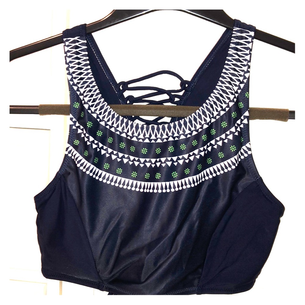 Navy high neck two piece bathing suit